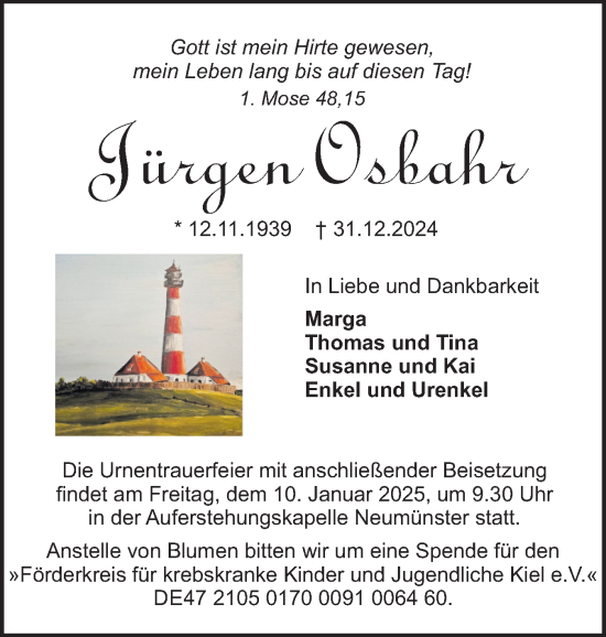 Traueranzeige von Jürgen Osbahr von Holsteinischer Courier