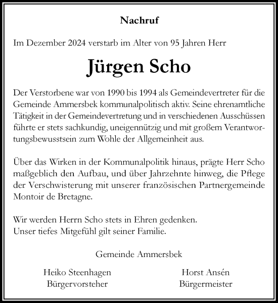 Traueranzeige von Jürgen Scho von MARKT Ahrensburg/Bargteheide/Trittau und Stormarner Tageblatt