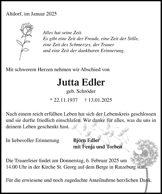 Traueranzeige von Jutta Edler von MARKT Ratzeburg/Mölln