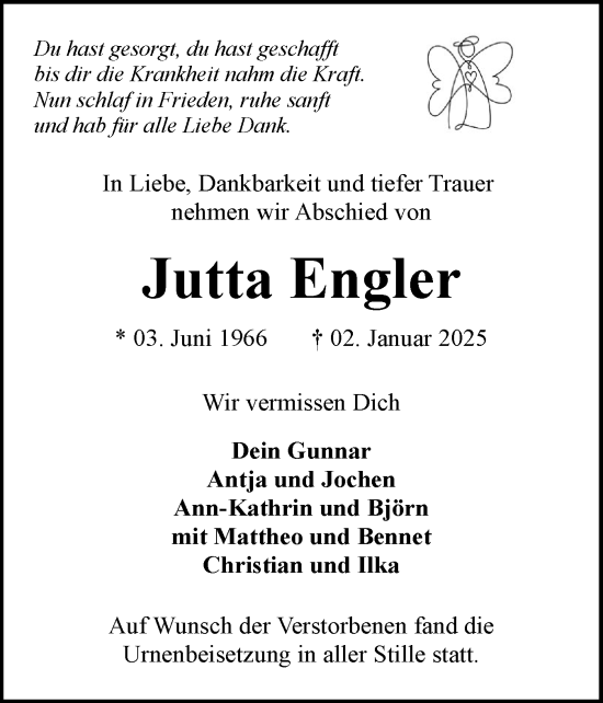 Traueranzeige von Jutta Engler von Flensburger Tageblatt