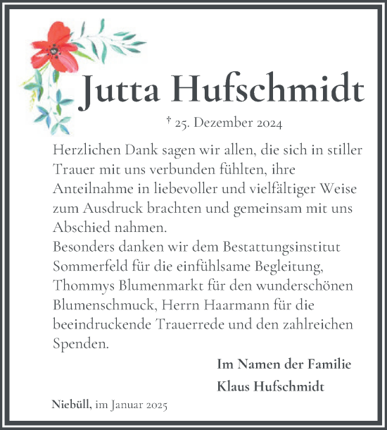 Traueranzeige von Jutta Hufschmidt von Husumer Nachrichten, Nordfriesland Tageblatt