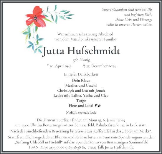 Traueranzeige von Jutta Hufschmidt von Husumer Nachrichten, Nordfriesland Tageblatt