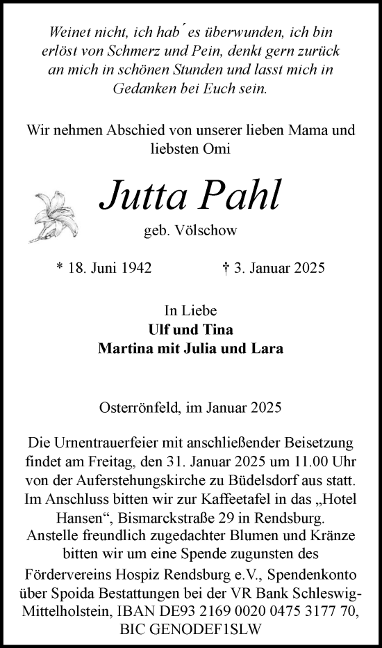 Traueranzeige von Jutta Pahl von Schleswig-Holsteinische Landeszeitung