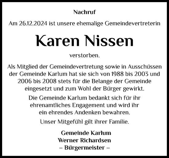 Traueranzeige von Karen Nissen von Husumer Nachrichten, Nordfriesland Tageblatt