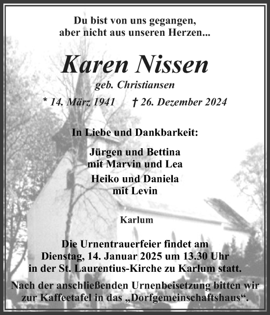 Traueranzeige von Karen Nissen von Husumer Nachrichten, Nordfriesland Tageblatt