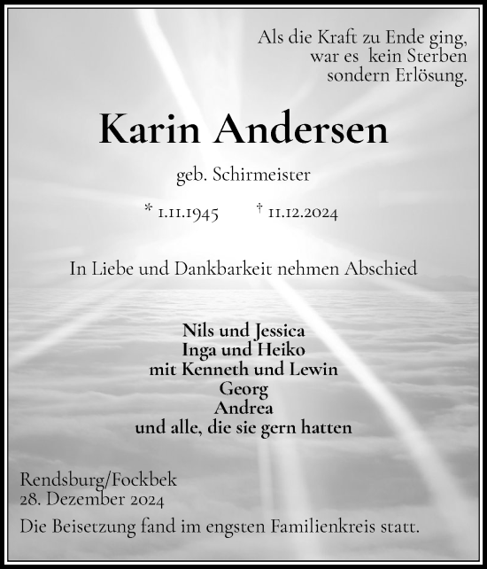 Traueranzeige von Karin Andersen von Schleswig-Holsteinische Landeszeitung