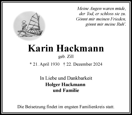 Traueranzeige von Karin Hackmann von Wochenend Anzeiger