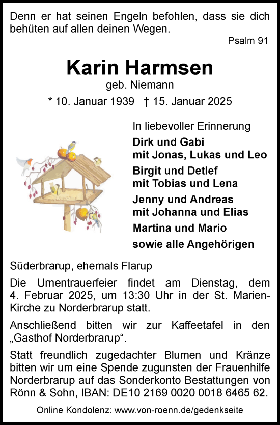 Traueranzeige von Karin Harmsen von Flensburger Tageblatt, Schleswiger Nachrichten, Schlei-Bote
