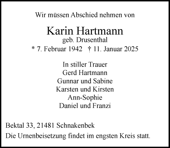 Traueranzeige von Karin Hartmann von Wochenend Anzeiger