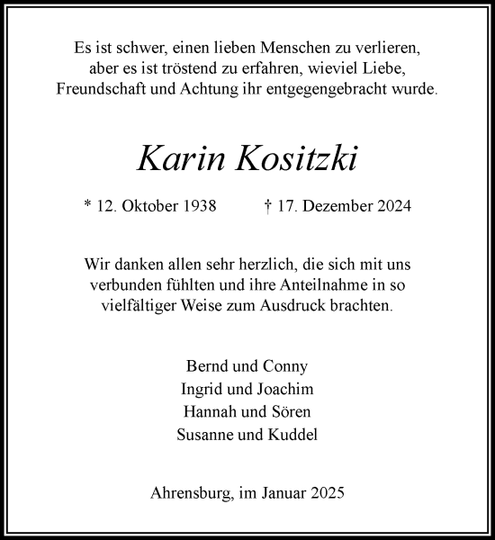 Traueranzeige von Karin Kositzki von MARKT Ahrensburg/Bargteheide/Trittau und Stormarner Tageblatt