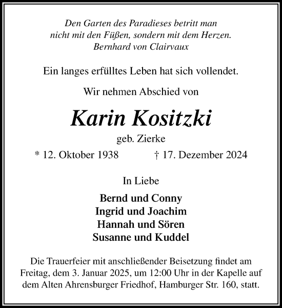 Traueranzeige von Karin Kositzki von MARKT Ahrensburg/Bargteheide/Trittau und Stormarner Tageblatt