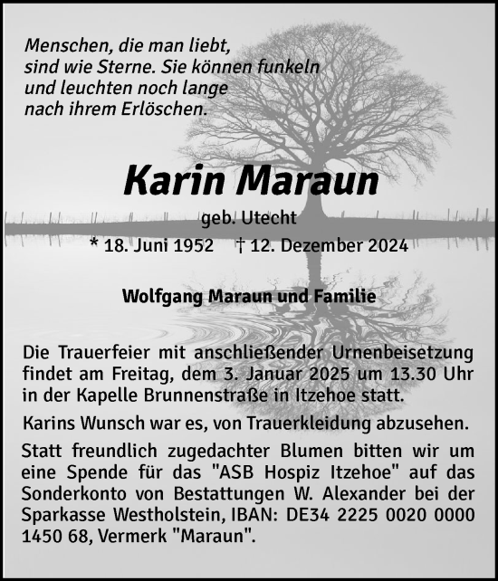 Traueranzeige von Karin Maraun von Norddeutsche Rundschau, Wilstersche Zeitung, Glückstädter Fortuna