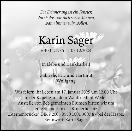 Traueranzeige von Karin Sager von Wedel-Schulauer Tageblatt, tip Wedel-Schulauer Tageblatt, tip Rissener Rundschau