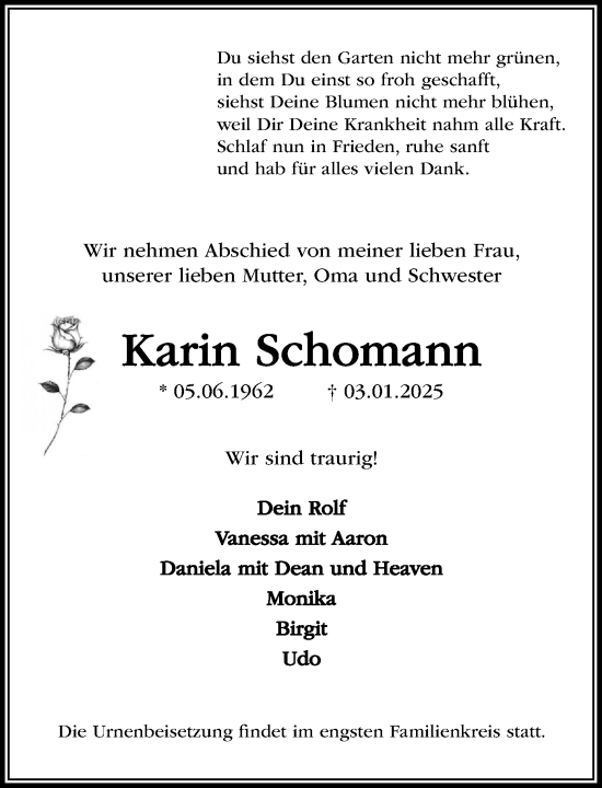 Traueranzeige von Karin Schomann von MARKT Bad Oldesloe/Reinfeld, MARKT Ahrensburg/Bargteheide/Trittau und Stormarner Tageblatt