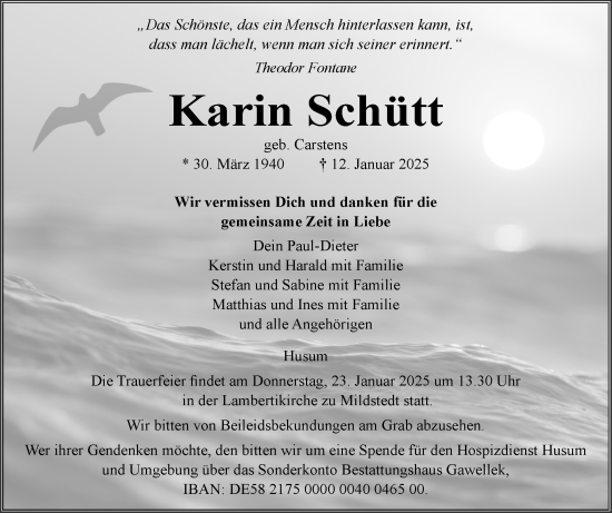 Traueranzeige von Karin Schütt von Husumer Nachrichten, Nordfriesland Tageblatt