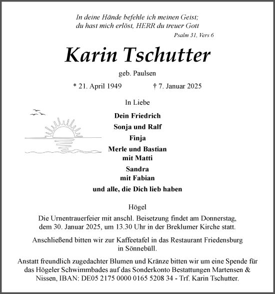 Traueranzeige von Karin Tschutter von Husumer Nachrichten, Nordfriesland Tageblatt