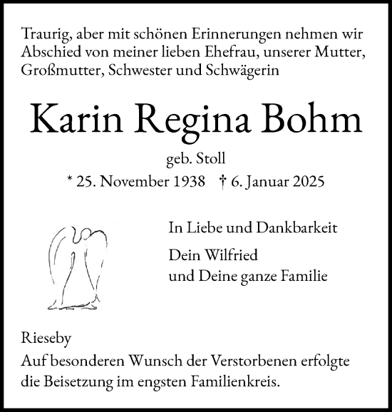 Traueranzeige von Karin Regina Bohm von Eckernförder Zeitung, Hallo Eckernförde