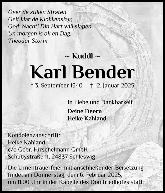 Traueranzeige von Karl Bender von Schleswiger Nachrichten, Schlei-Bote