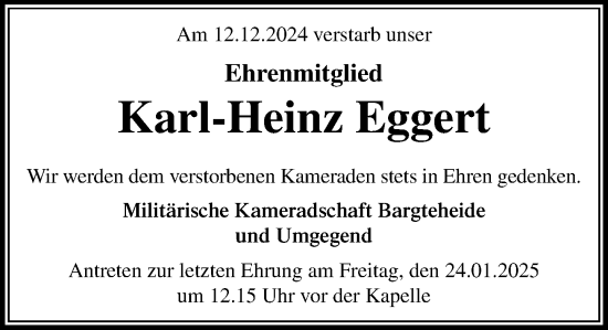 Traueranzeige von Karl-Heinz Eggert von MARKT Ahrensburg/Bargteheide/Trittau und Stormarner Tageblatt