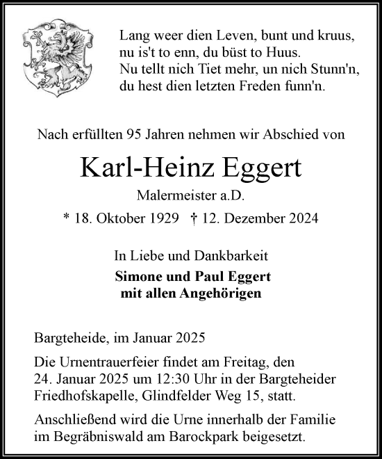Traueranzeige von Karl-Heinz Eggert von MARKT Ahrensburg/Bargteheide/Trittau und Stormarner Tageblatt