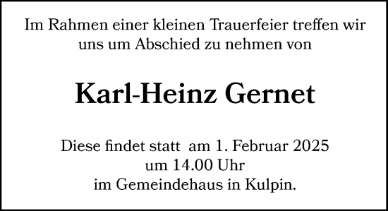 Traueranzeige von Karl-Heinz Gernet von MARKT Ratzeburg/Mölln