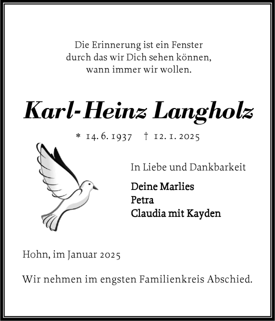 Traueranzeige von Karl-Heinz Langholz von Schleswig-Holsteinische Landeszeitung