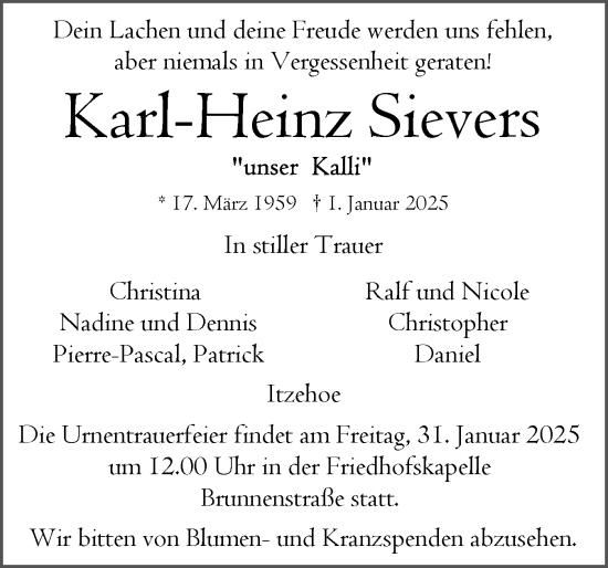 Traueranzeige von Karl-Heinz Sievers von Norddeutsche Rundschau, Wilstersche Zeitung, Glückstädter Fortuna