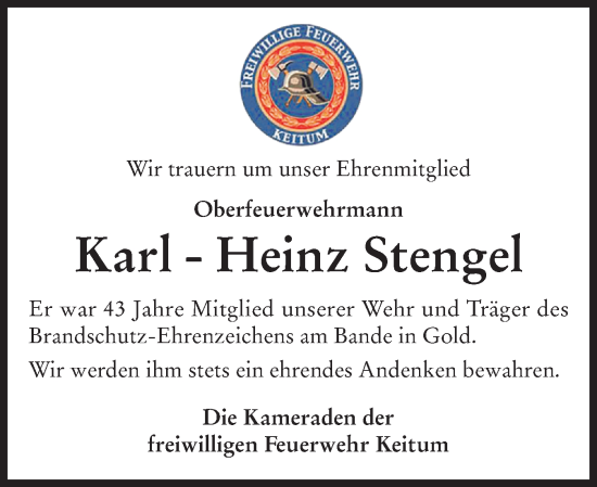 Traueranzeige von Karl-Heinz Stengel von Sylter Rundschau
