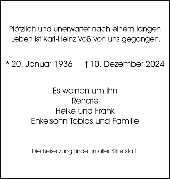 Traueranzeige von Karl-Heinz Voß von Wedel-Schulauer Tageblatt, tip Wedel-Schulauer Tageblatt, tip Rissener Rundschau
