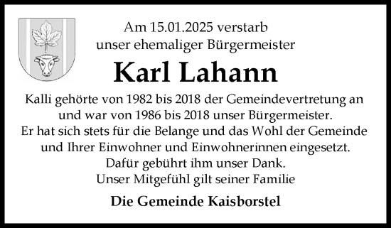 Traueranzeige von Karl Lahann von Norddeutsche Rundschau, Wilstersche Zeitung, Glückstädter Fortuna