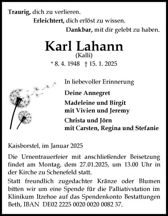 Traueranzeige von Karl Lahann von Norddeutsche Rundschau, Wilstersche Zeitung, Glückstädter Fortuna