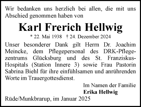 Traueranzeige von Karl Frerich Hellwig von Flensburger Tageblatt