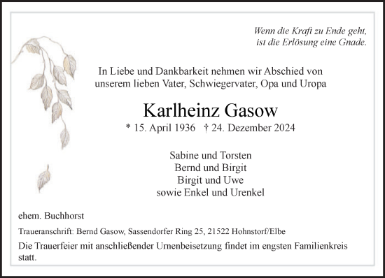 Traueranzeige von Karlheinz Gasow von Wochenend Anzeiger