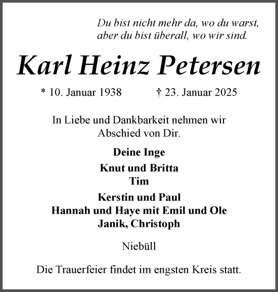 Traueranzeige von Karl Heinz Petersen von Husumer Nachrichten, Nordfriesland Tageblatt