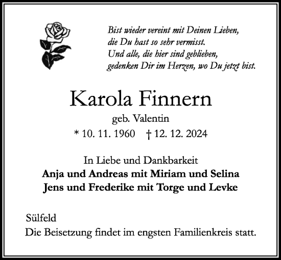 Traueranzeige von Karola Finnern von MARKT Ahrensburg/Bargteheide/Trittau und Stormarner Tageblatt