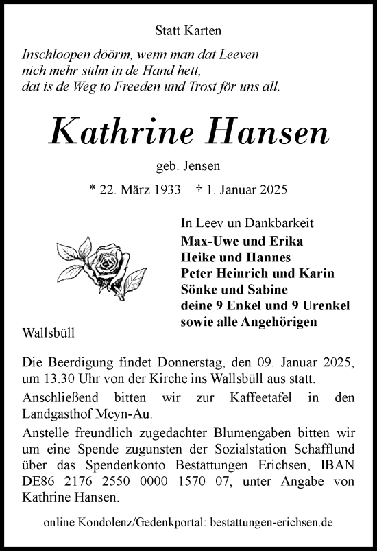 Traueranzeige von Kathrine Hansen von Region Flensburg