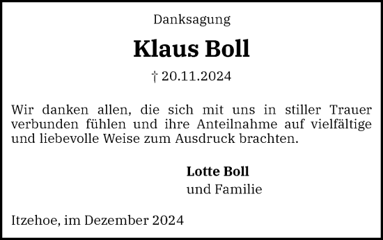 Traueranzeige von Klaus Boll von Norddeutsche Rundschau, Wilstersche Zeitung, Glückstädter Fortuna