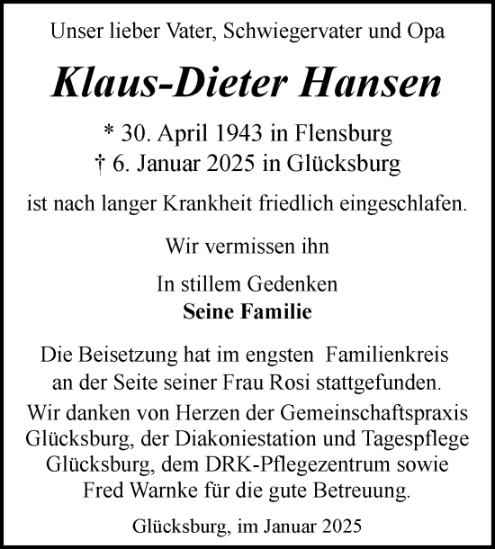 Traueranzeige von Klaus-Dieter Hansen von Husumer Nachrichten, Nordfriesland Tageblatt
