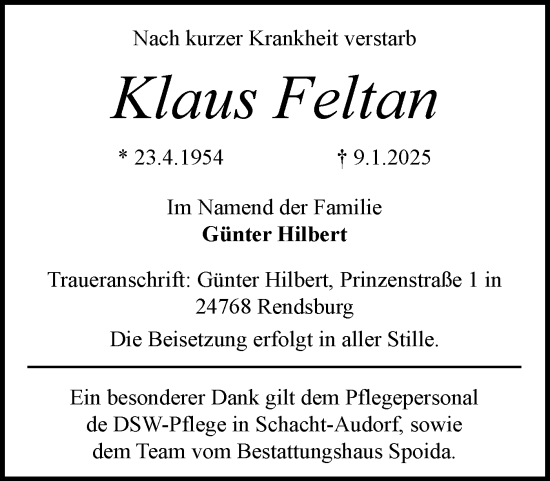 Traueranzeige von Klaus Feltan von Schleswig-Holsteinische Landeszeitung