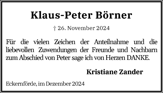 Traueranzeige von Klaus-Peter Börner von Eckernförder Zeitung, Hallo Eckernförde