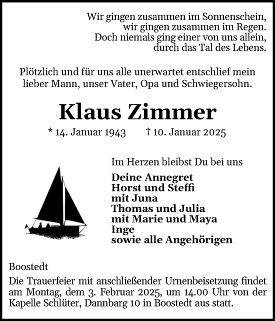 Traueranzeige von Klaus Zimmer von Holsteinischer Courier