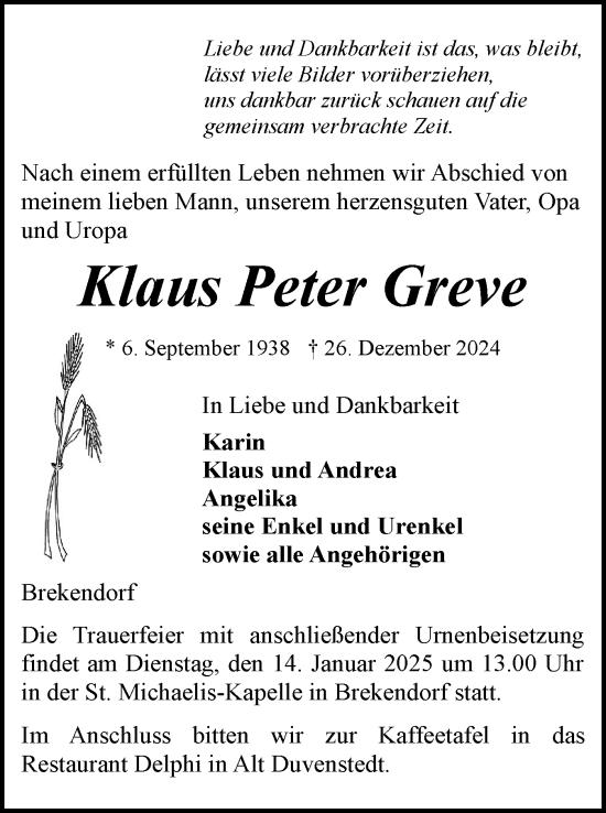 Traueranzeige von Klaus Peter Greve von Schleswig-Holsteinische Landeszeitung