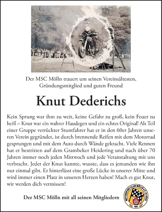 Traueranzeige von Knut Dederichs von MARKT Ratzeburg/Mölln