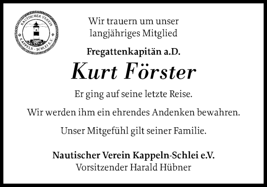 Traueranzeige von Kurt Förster von Schleswiger Nachrichten, Schlei-Bote