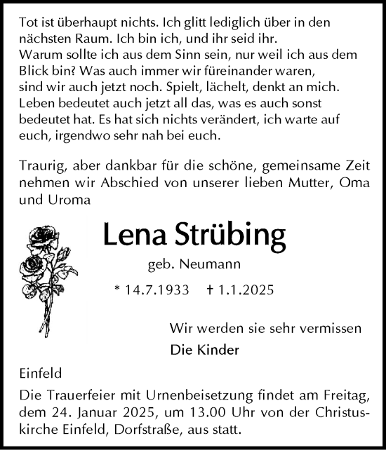 Traueranzeige von Lena Strübing von Holsteinischer Courier