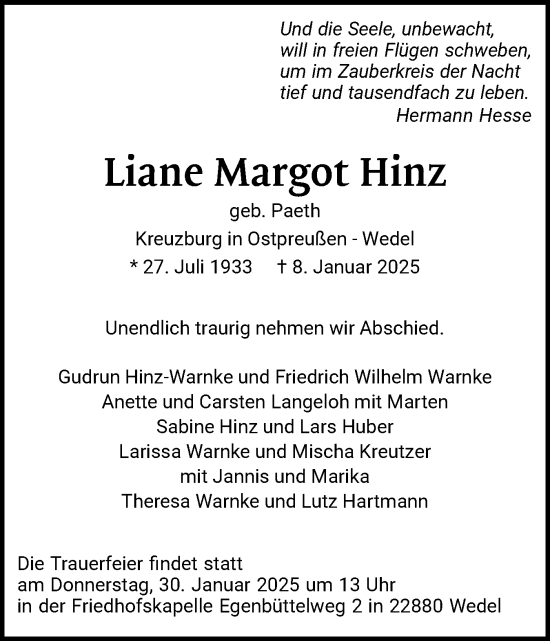 Traueranzeige von Liane Margot Hinz von Wedel-Schulauer Tageblatt, tip Wedel-Schulauer Tageblatt, tip Rissener Rundschau