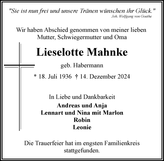 Traueranzeige von Lieselotte Mahnke von MARKT Ahrensburg/Bargteheide/Trittau und Stormarner Tageblatt