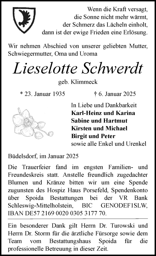 Traueranzeige von Lieselotte Schwerdt von Schleswig-Holsteinische Landeszeitung