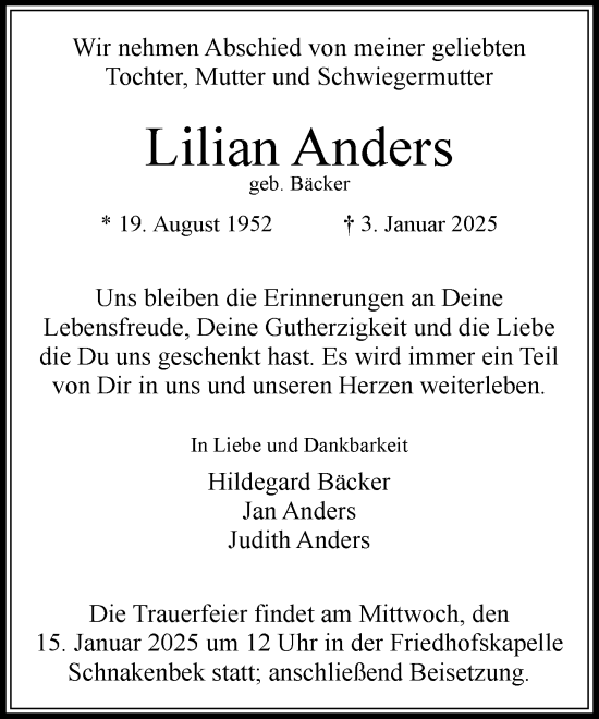 Traueranzeige von Lilian Anders von MARKT Glinde/Reinfeld