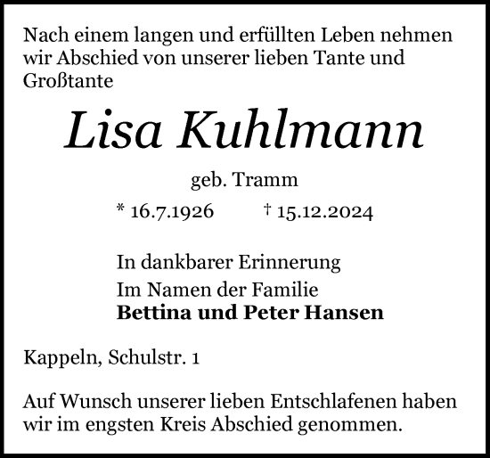 Traueranzeige von Lisa Kuhlmann von Schleswiger Nachrichten, Schlei-Bote